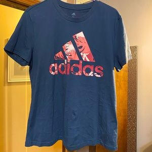 XL ADIDAS Navy T-Shirt with Pink monstera Floral print